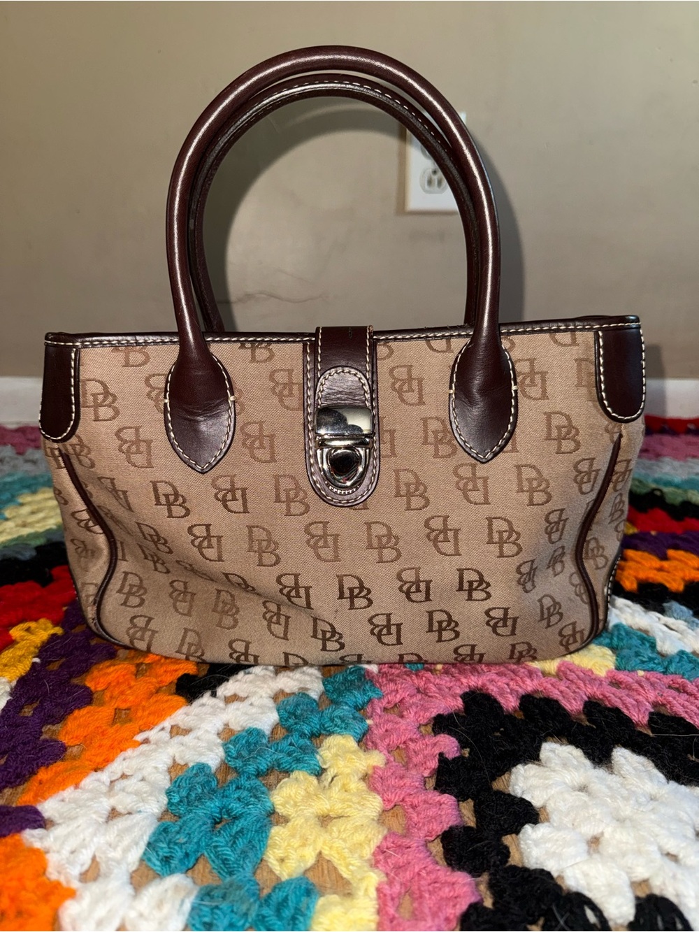 Dooney & Bourke Beige and Brown Monogram Shoulder Bag